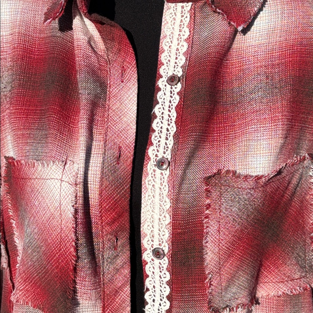 -POL Red Brown Bone Flannel Frayed Button Up Blouse Oversized Women’s Medium - Picture 6 of 13